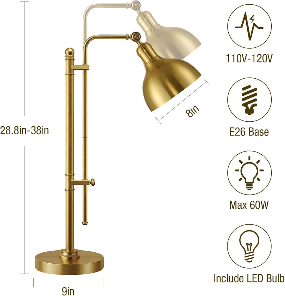 Industrial Adjustable Desk Lamp, Farmhouse Table lamp 29''-38'', Rustic Metal Task Desk Lamp in Brushed Gold Finish
