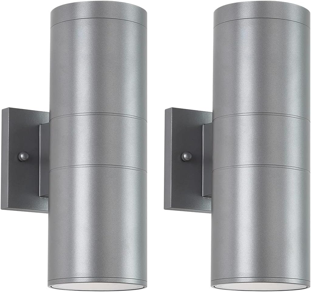 Modern Outdoor Porch Light Patio Light in 2 Lights with Aluminum Cylinder and Tempered Glass Cover Waterproof Wall Sconce 2 Pack (Metallic Gray) A123-B093SZQLPD