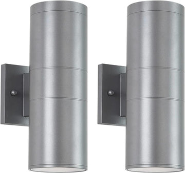 Modern Outdoor Porch Light Patio Light in 2 Lights with Aluminum Cylinder and Tempered Glass Cover Waterproof Wall Sconce 2 Pack (Metallic Gray)