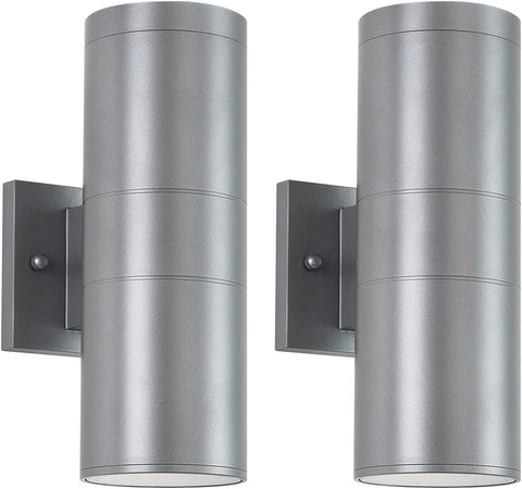 Modern Outdoor Porch Light Patio Light in 2 Lights with Aluminum Cylinder and Tempered Glass Cover Waterproof Wall Sconce 2 Pack (Metallic Gray) A123-B093SZQLPD
