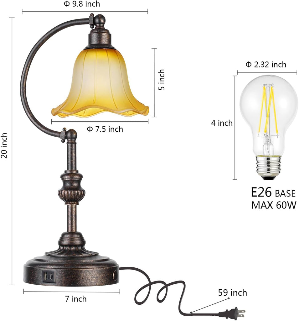 Farmhouse Table Lamp, 3-Way Dimmable Rustic Nightstand Lamp with USB A+C Ports