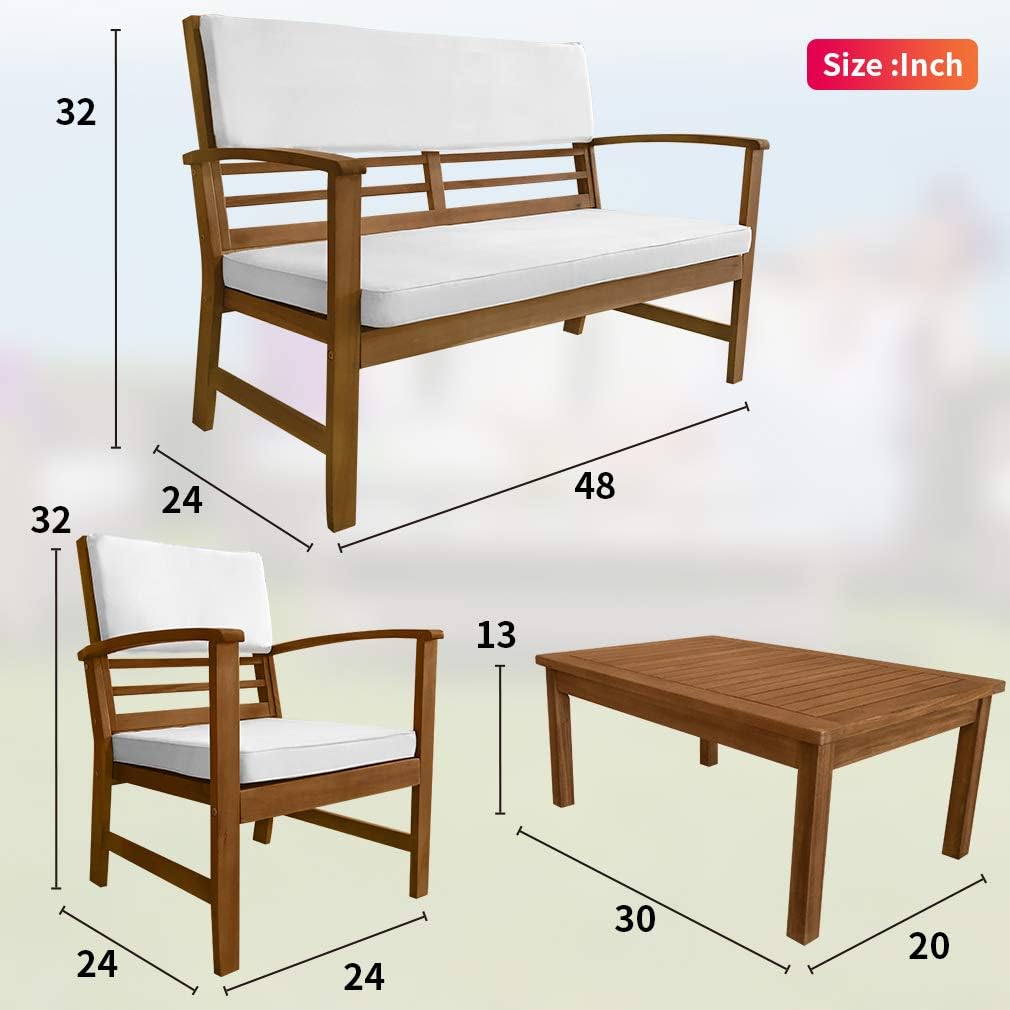 4-Piece Patio Conversation Set Acacia Wood Outdoor Sofa & Chairs with Coffee Table