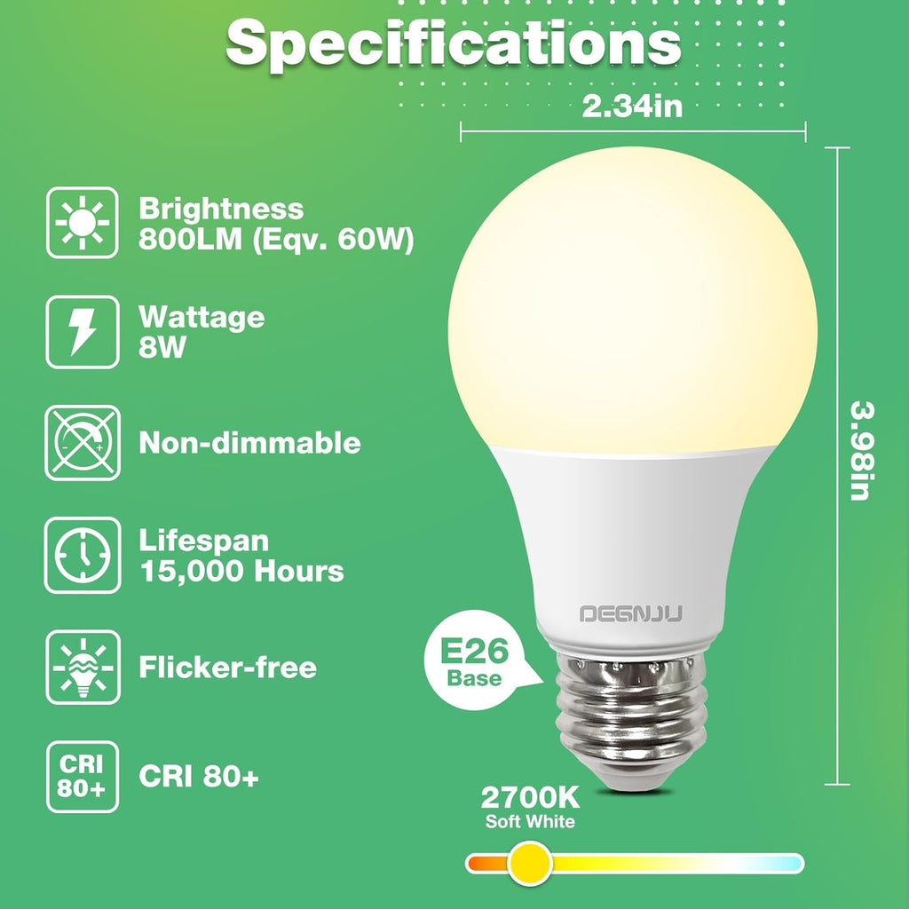 A19 LED Light Bulbs, 60 Watt Equivalent LED Bulbs, Soft White 2700K, 800 Lumens, E26 Standard Base, Non-Dimmable, 8W (12 Pack)