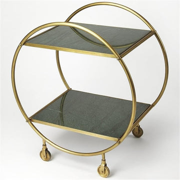 Marble Top Serving Cart, Green and Gold Finish, Iron Frame with 2 Marble Shelves, 33" H x 24" W x 19" D, Antique