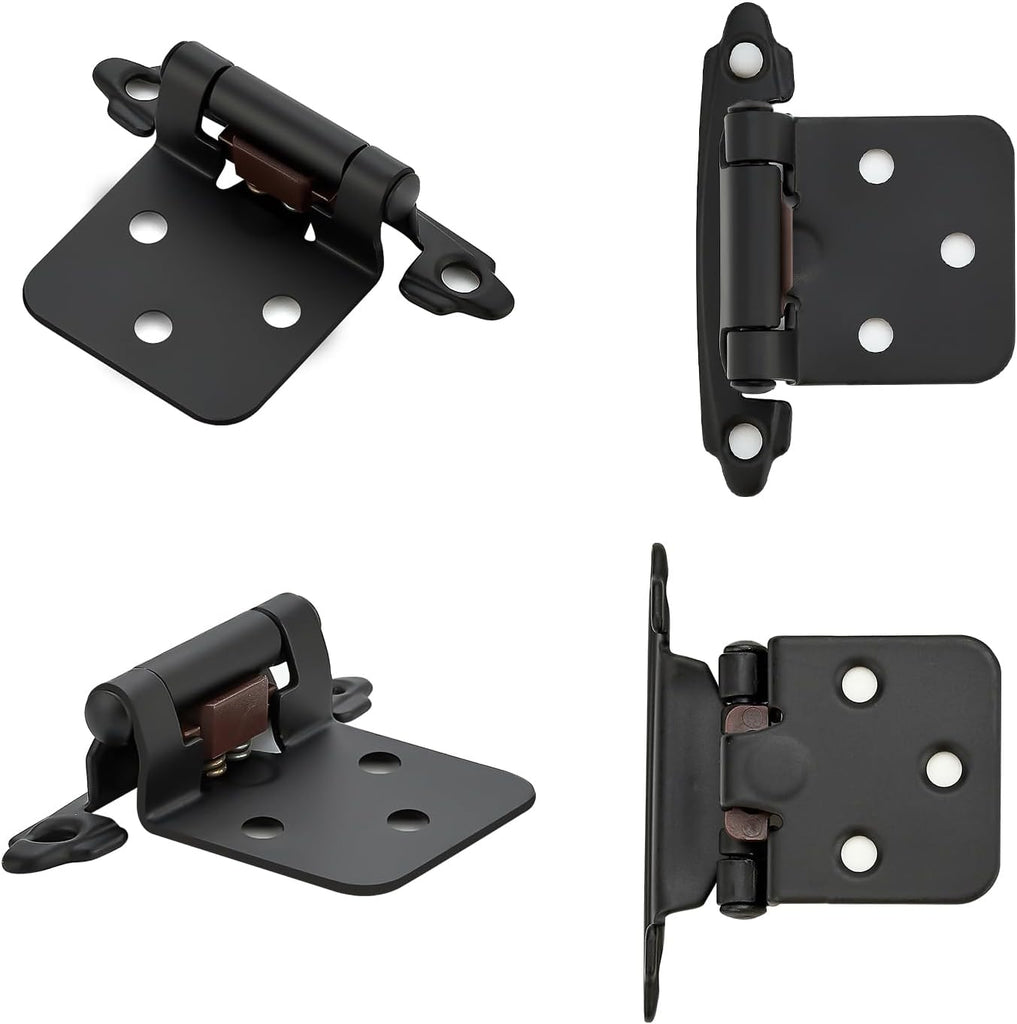 4 Pack (2 Pairs) Matte Black Cabinet Hinges Doors, Self-Closing, 1/2 Inch Overlay (Variable), Semi-Concealed Face