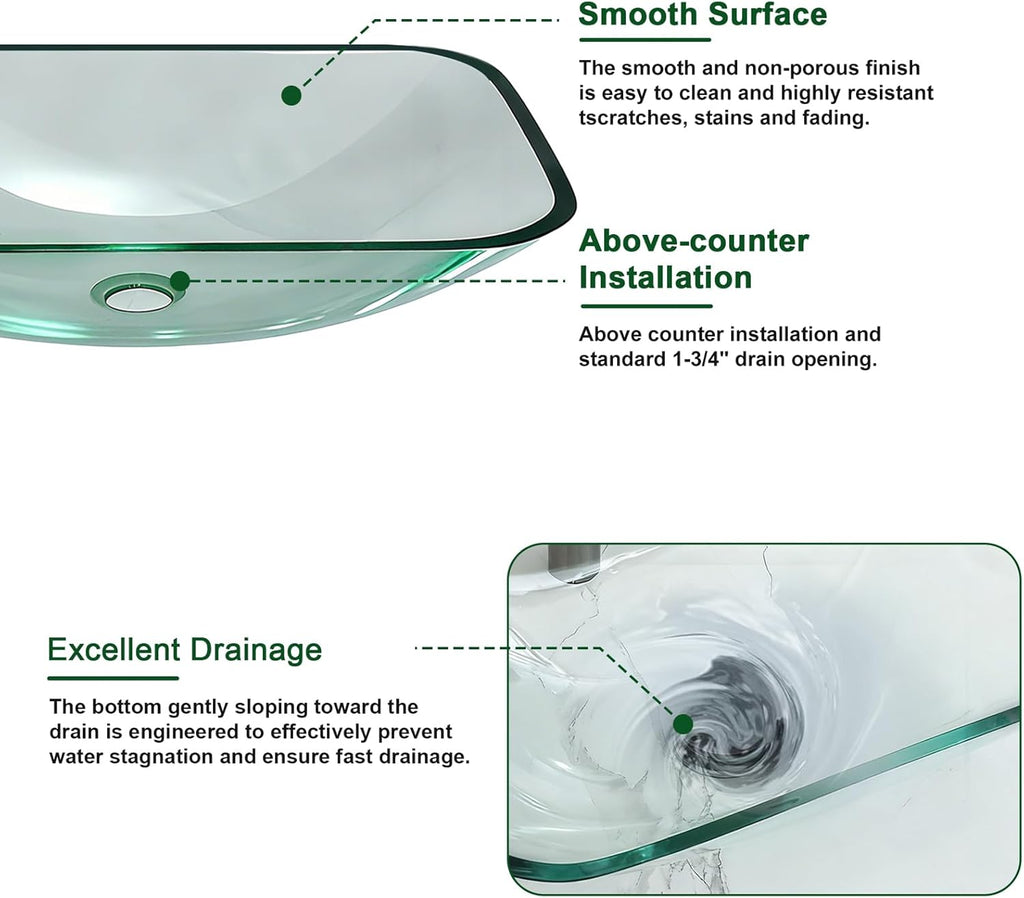 Bathroom Vessel Sink Tempered Glass Bowl Vessel Sink with Pop-up Drain Combo 20-1/4 x 14-1/2 Inch Transparent