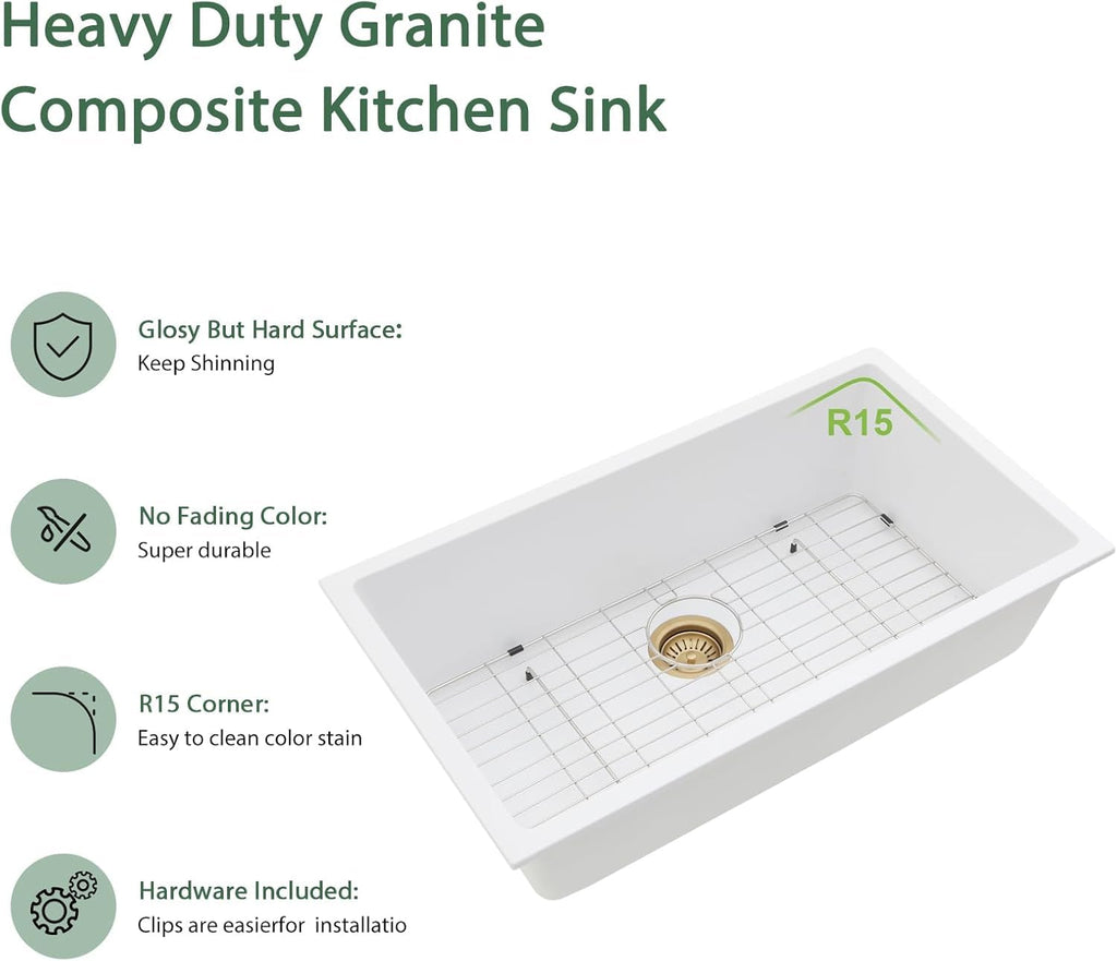 33"x19" Granite Composite Kitchen Sink - White Quartz Undermount Kitchen Sinks Classic Under Counter Single Bowl