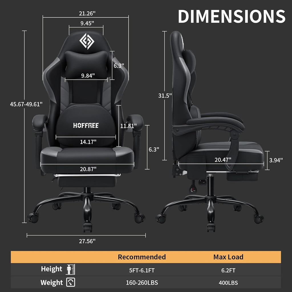 Gaming Chair with Shiatsu Kneading Massage Heated Computer Desk Chair Black | 155° Recliner with Footrest;Height