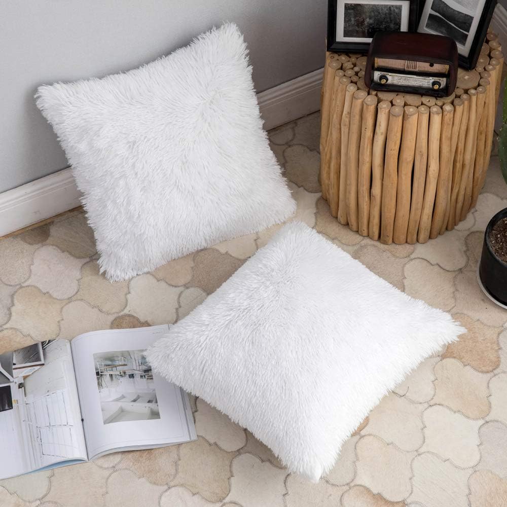 Pack of 2 White Throw Pillow Covers Luxury Fluffy Pillows Faux Fur Decorative Pillows Plush Cushion Case Fuzzy