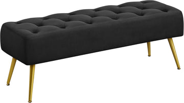 45in Velvet Ottoman Bench End of Bed, Black | Tufted Upholstered Bench Seat, Bed Bench with Tapered Gold Metal Legs