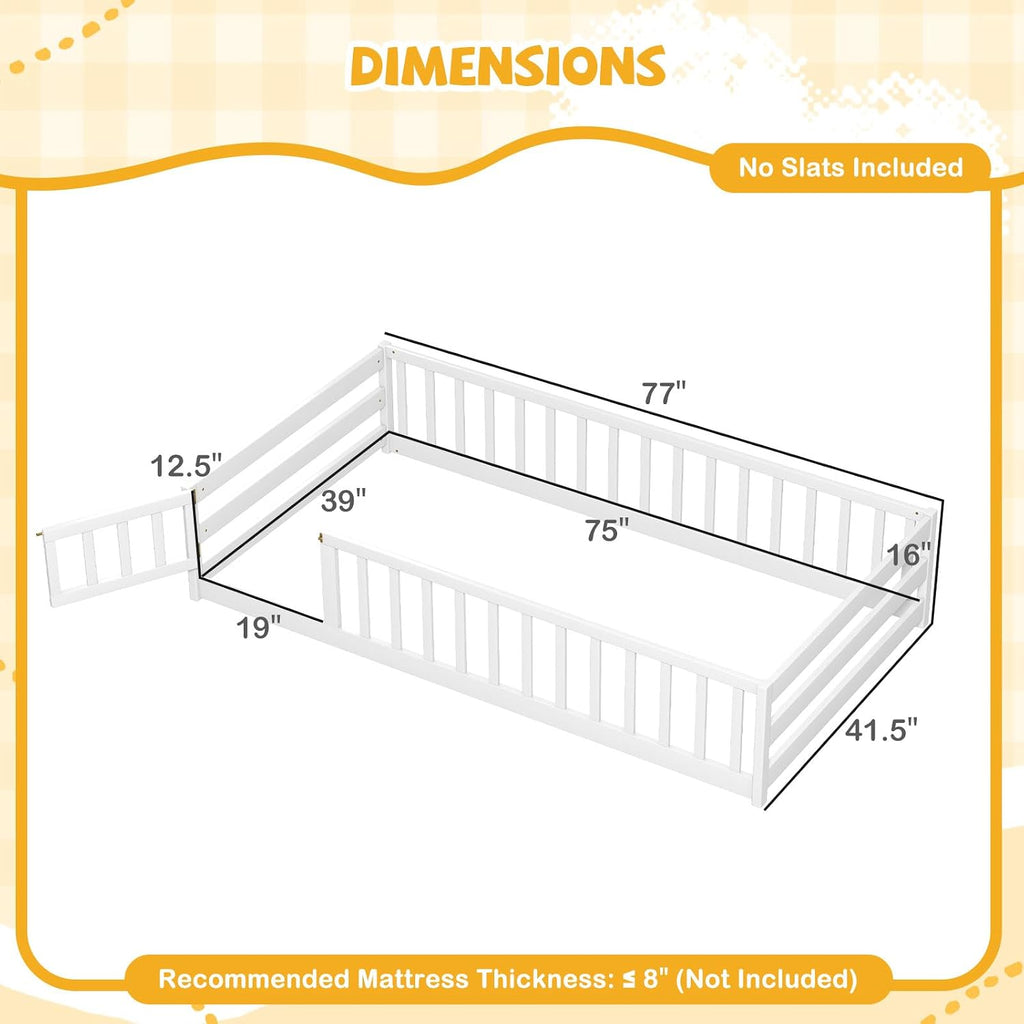 Twin Floor Bed with Fence for Kids, Wooden Montessori Bed Frame with Lockable Door & Guardrails, Low Floor Beds for