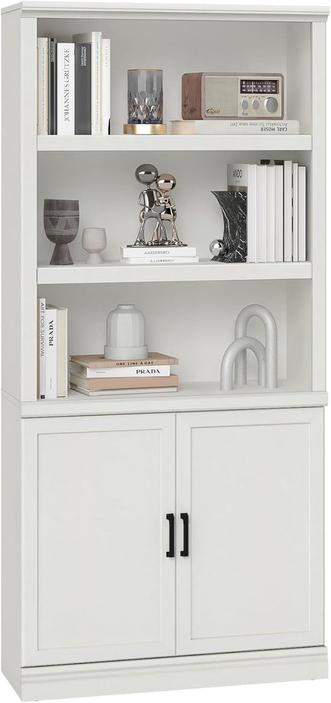 5 Shelf Tall Bookcase with Doors White Bookshelf 31in Wide Display Standing Shelf 72in Tall Wood Book Shelves Library