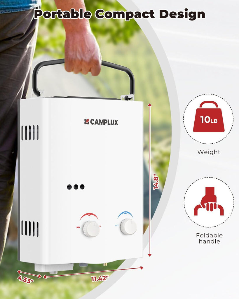 5L Portable Tankless Water Heater, 1.32 GPM Outdoor Propane Shower for Camping, RV, Off-Grid