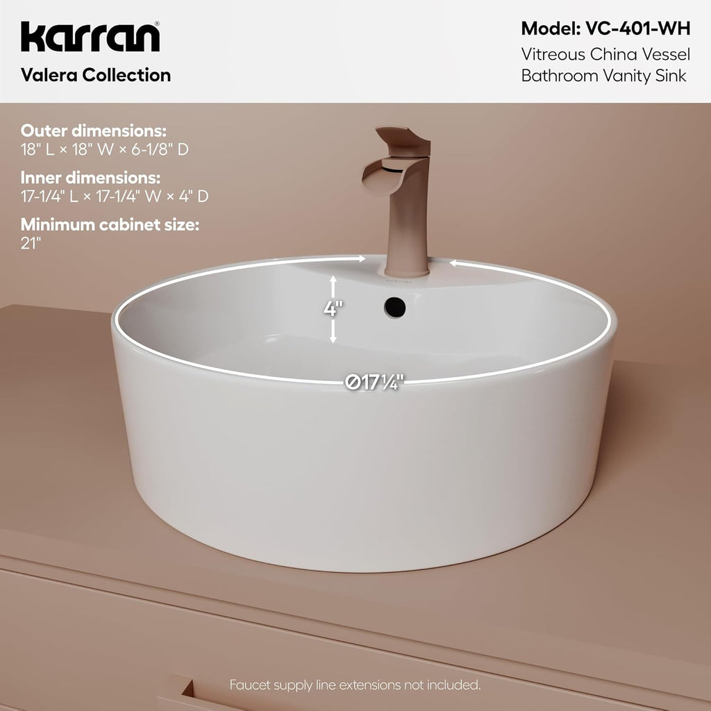 Valera 18 Inch Round Vessel Bathroom Sink, Vitreous China Above Counter Vanity Sink with Overflow