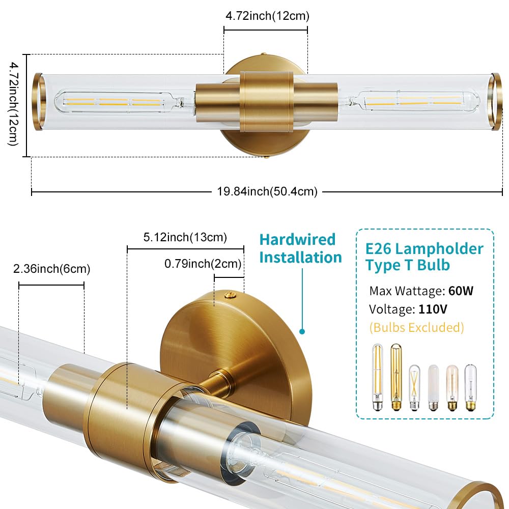 Hardwired Gold Bathroom Vanity Light Clear Glass Wall Sconce