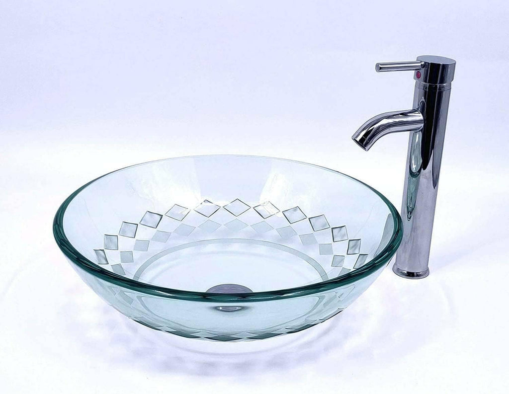 Elegant Handmade Round Circular Pattern Bathroom Sink Tempered Clear Glass Unique Carved Pattern Handmade Vessel Bowl