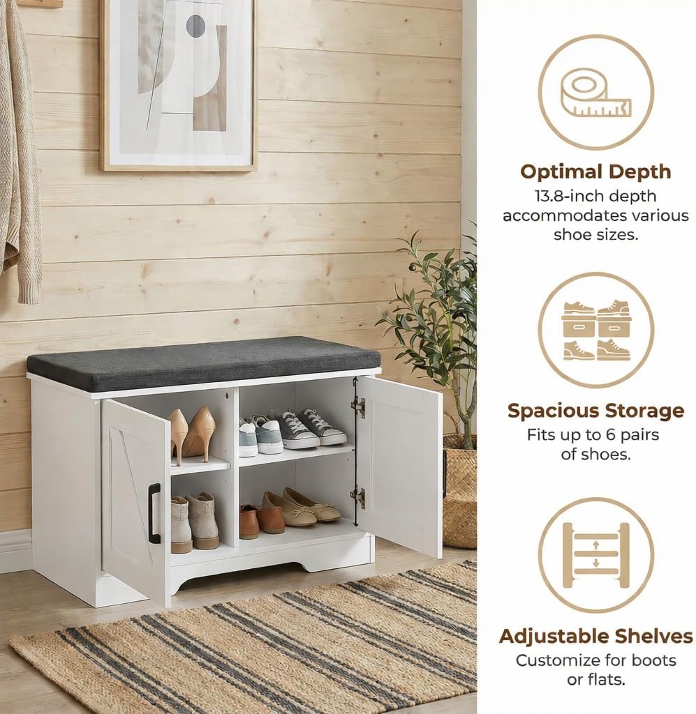 Farmhouse Shoe Storage Bench with 2 Barn Doors & Padded Seat Cushion | 27.6" Wide Entryway Bench with Adjustable