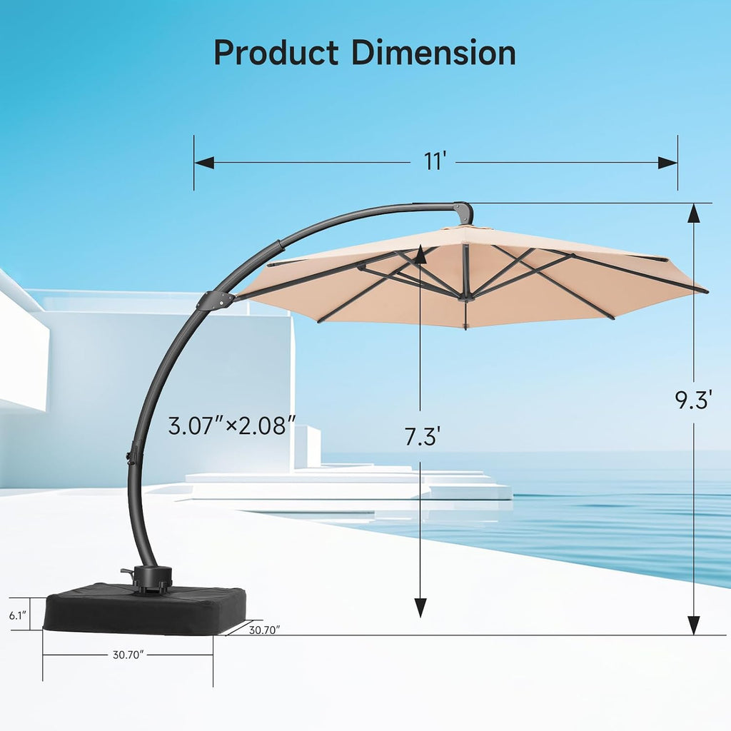 11 FT Outdoor Patio Umbrella with Base, Aluminium Curved Cantilever Umbrella
