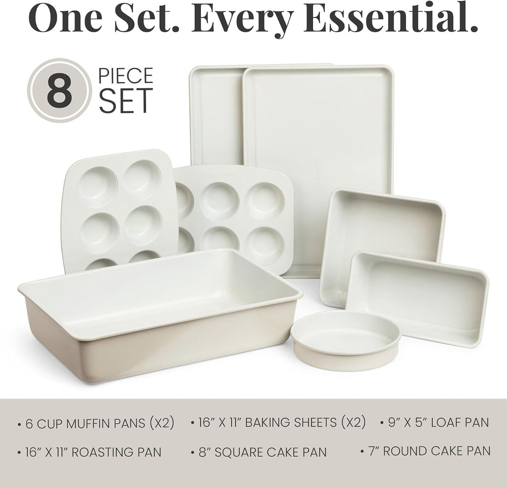 8-Piece Stackable Bakeware Set, Ceramic-Coated Nonstick Pan Set, Non-Toxic, with Sheets, Muffin Pan, Loaf Pan & Cake