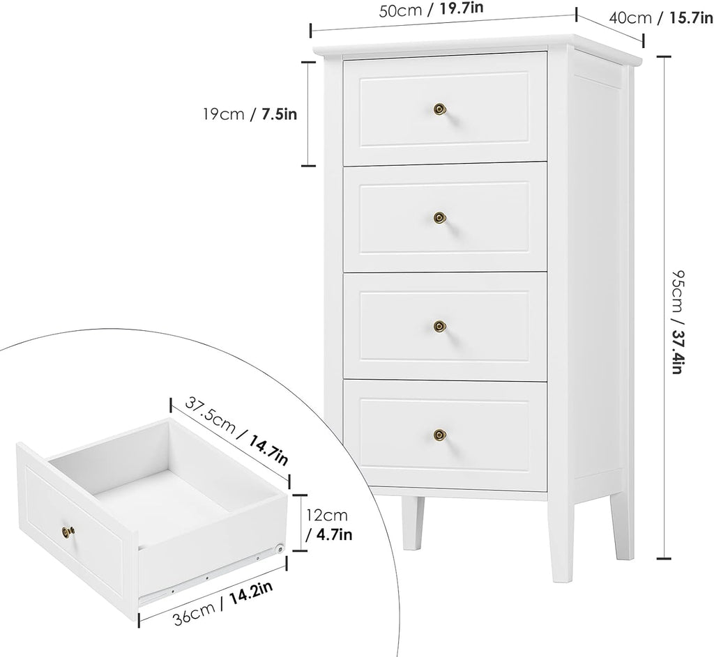 4 Drawer Dresser, White Dresser Antique Chest of Drawers with Solid Frame, Tall Wood Storage Chest Cabinet , White