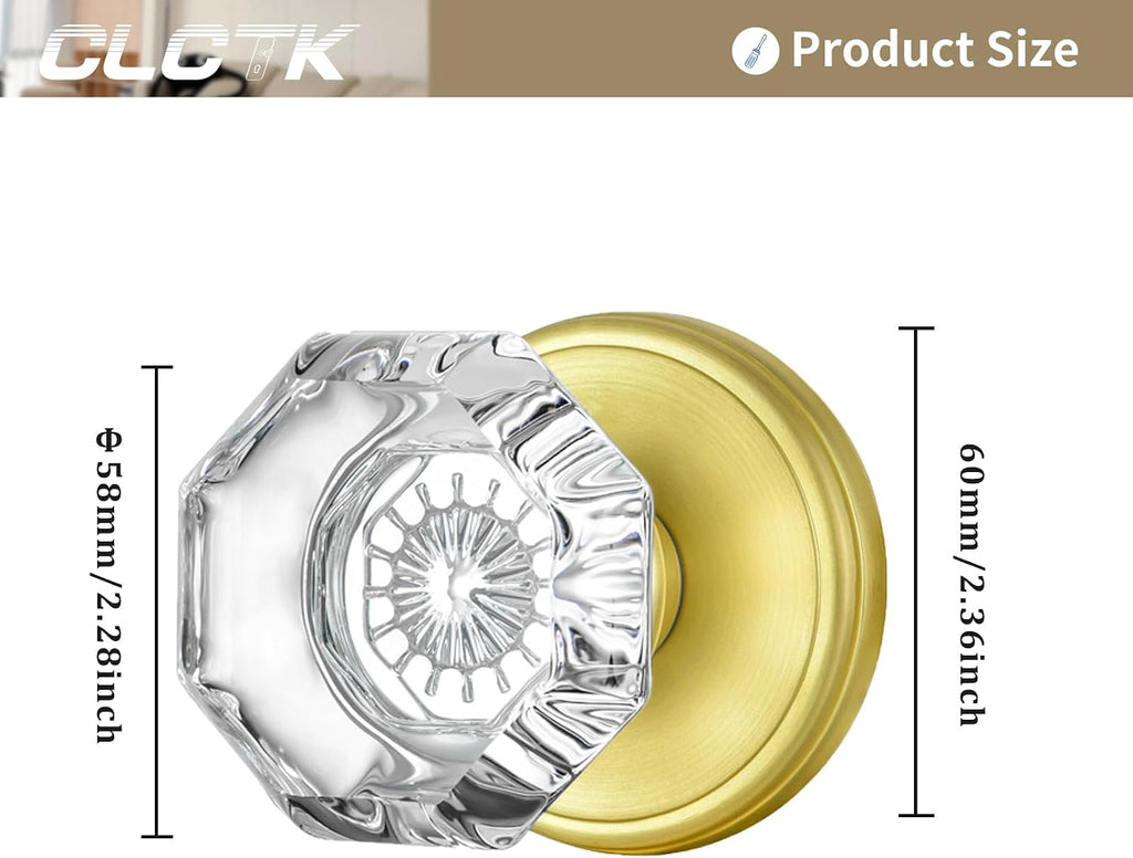 2 Pack Gold Dummy Door Knobs Interior, Non Turning Crystal Glass Dummy Door Knobs for Hall Closet Bifold, Satin Brass