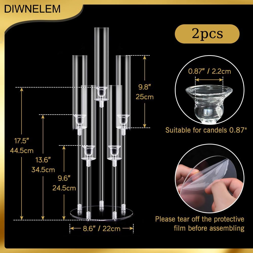2Pcs Acrylic Candelabra Centerpieces 25.5" Tall Crystal Taper Candlestick with Shade Fit 0.87'' Led Candle
