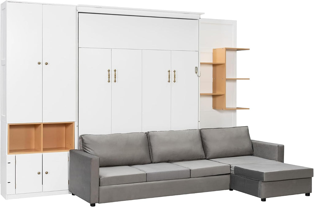 Queen Murphy Bed with Large Sofa, Storage Shelves & Cabinets, Modern Space-Saving Wall Bed with Dual Lights, White+Gray