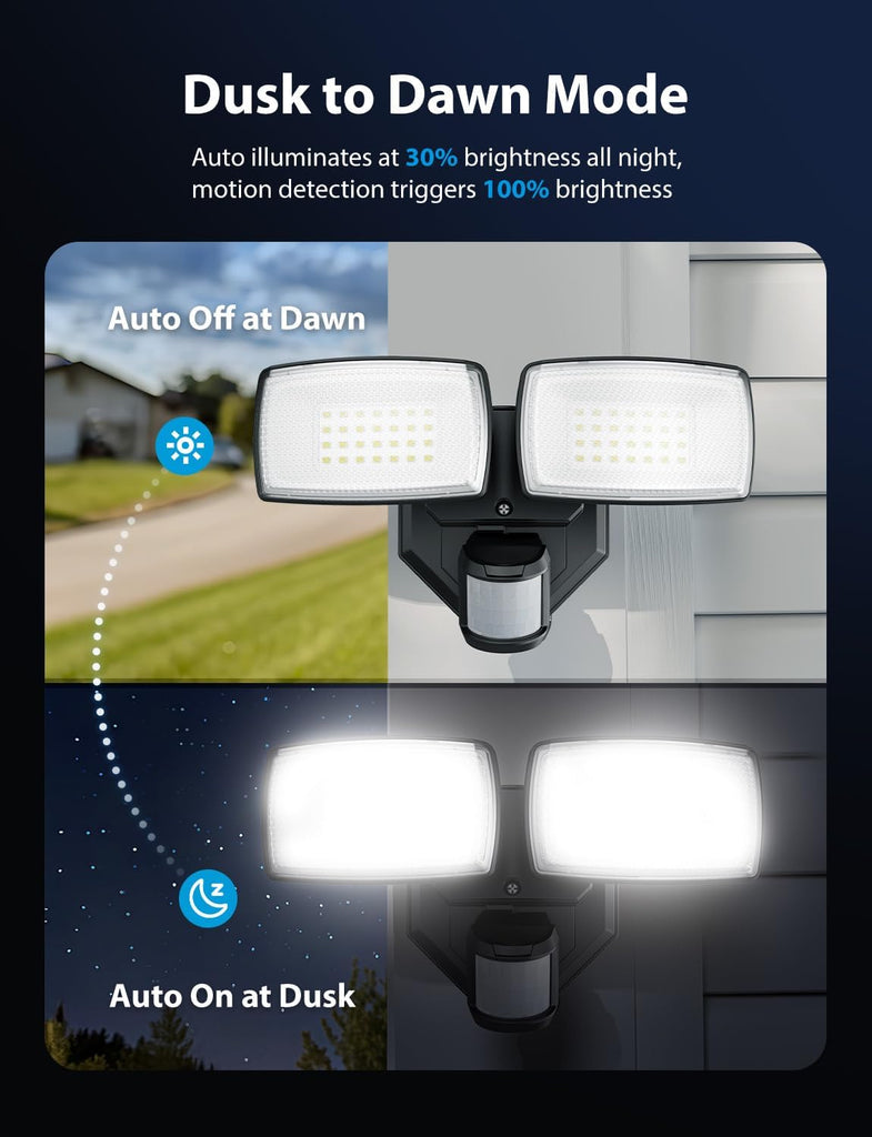 32W 2 Head Motion Sensor Outdoor Lights, 3200LM 6500K LED Security Light Hardwired, Dusk to Dawn, Motion Detector