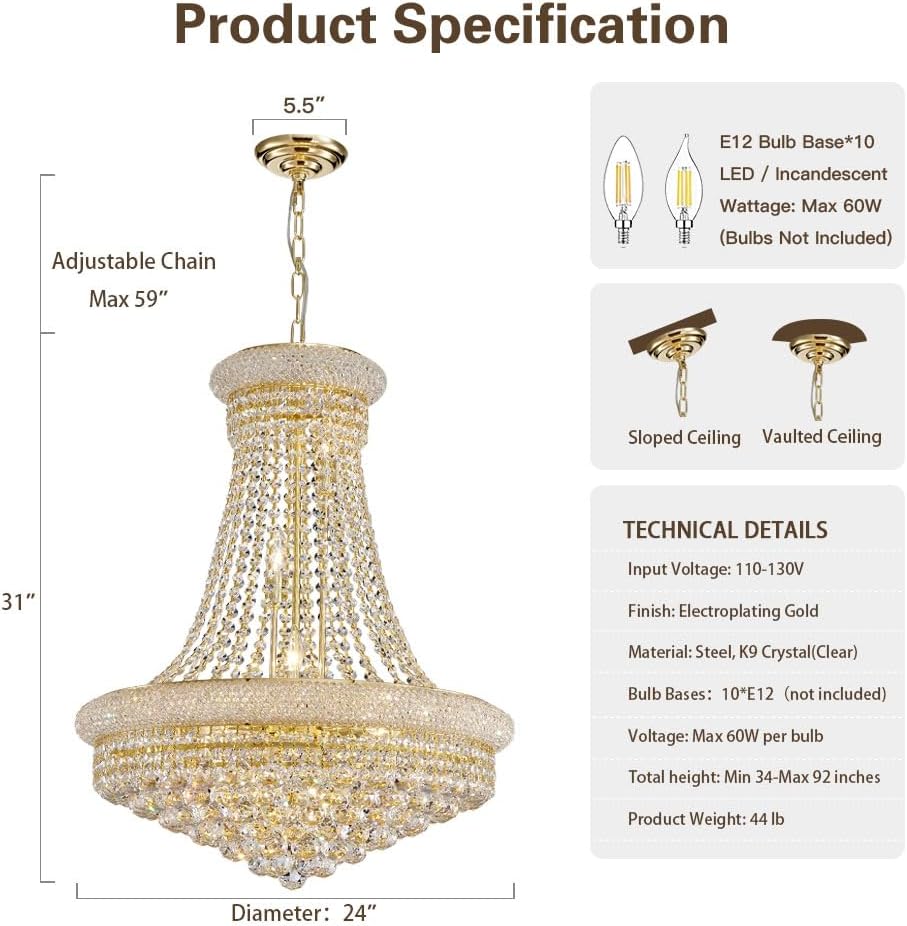 Modern Gold Crystal Chandelier Light - Diameter 23.6" Ceiling Haning Chandelier, Pendant Lighting for Living Room, Dining Room, Foyer, Entryway, Hallway