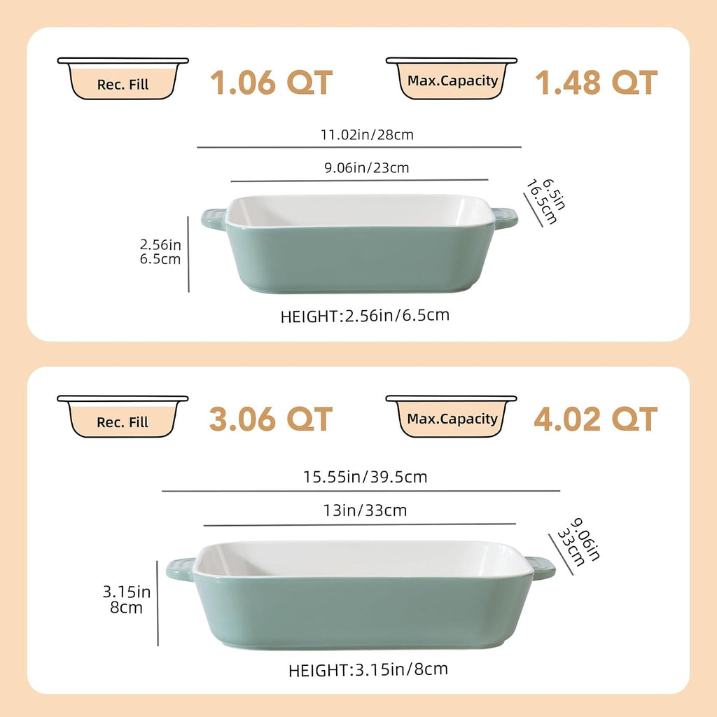 Ceramic Dish Set, 3+1QT Casserole Dish, Lasagna Pan 2Pack | Premium Durable Lead-free Glaze, Elegant Teal Easy clean