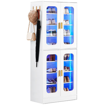 Tall LED Shoe Cabinet with Adjustable Shelves, White