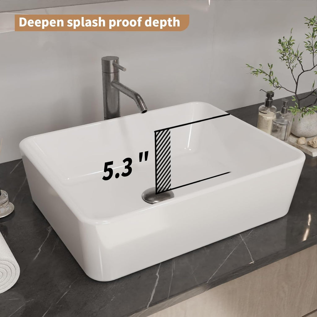 19"X15" Bathroom Vessel Sink Rectangular Above Counter White Porcelain Ceramic Modern Vanity Sink Rectangle Art Basin