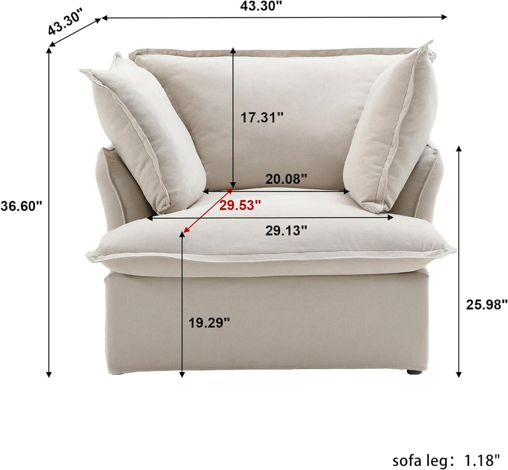 Comfy Couch Chair with Thick Cushion, Single Accent Chair Deep Seat Sofas Couches, Hemp Velvet Sofa Furniture for Small Spaces, Living Room, Bedroom, Office, Apartment, Beige