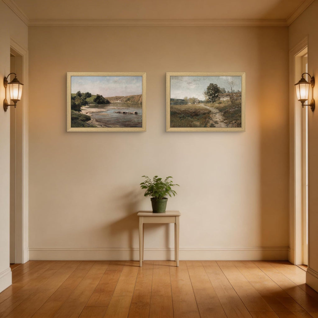 Framed Vintage Landscape Canvas Wall Art 2Pcs Rustic Prints Countryside River Artwork Gallery Style Posters Pictures