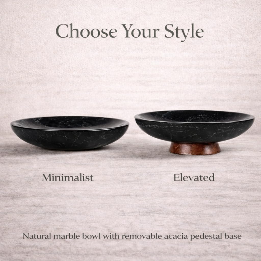 Decorative Marble Bowl Black - Handcrafted Natural Stone on Acacia Wood Pedestal - Versatile 10" Catch‐All