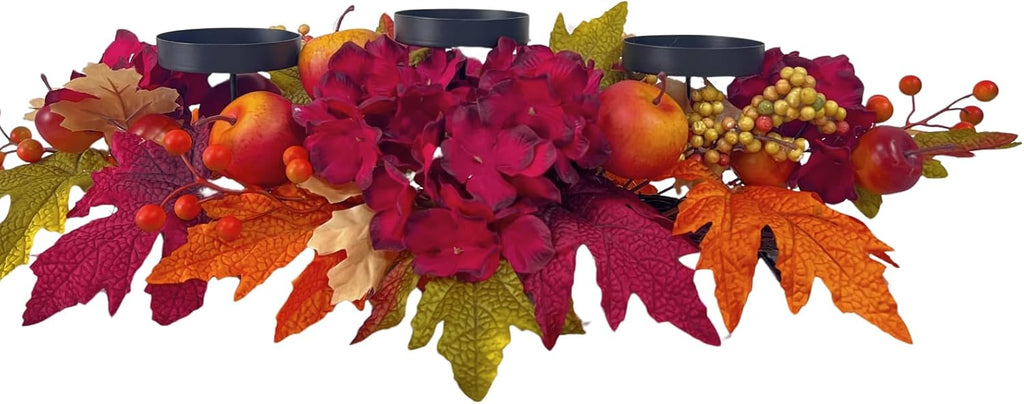 26 Inch Fall Candle Holder Centerpiece with Hydrangea and Apples