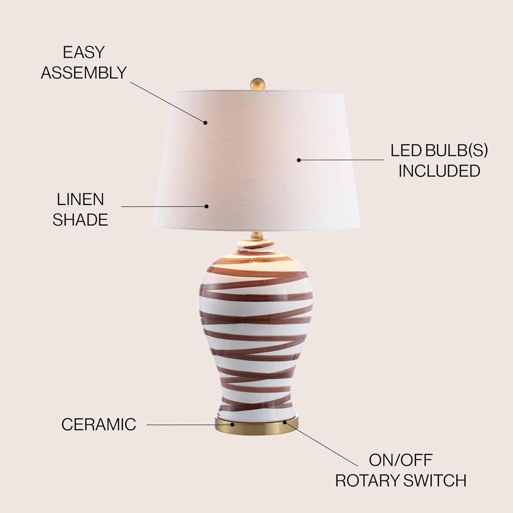 29" Brown/White Ceramic Table Lamp Bedroom Office, Modern Coastal Bedside Lamp with White Linen Shade