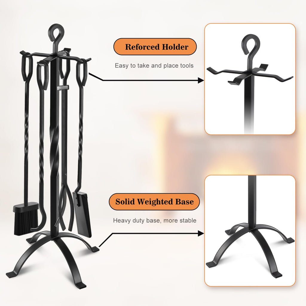 32" Fireplace Tools Set, 5-Piece Solid Wrought Iron with Stand