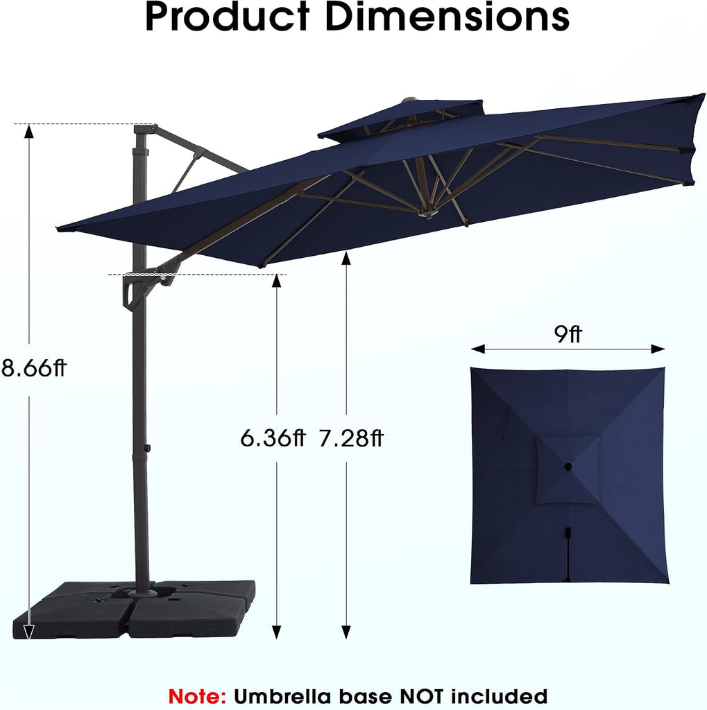 9x9 ft 2-Tier Cantilever Patio Umbrella, Large Square Outdoor Offset Umbrella with Double Top Vent and 360-degree - Navy