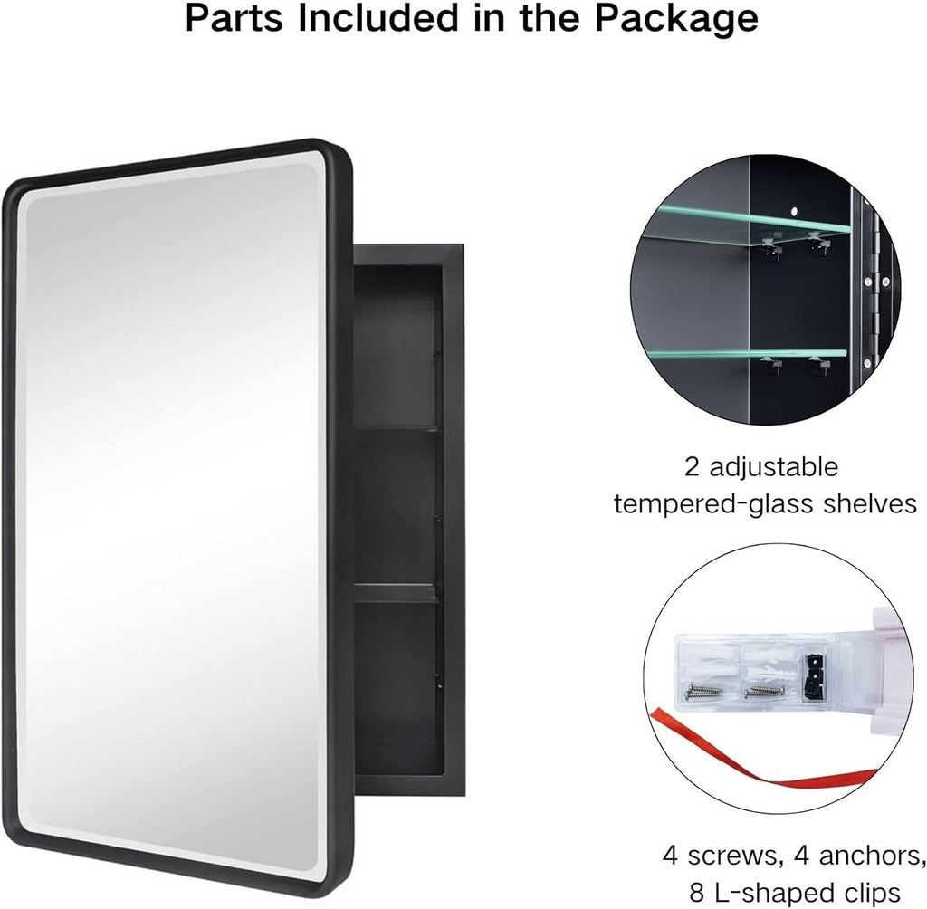 Farmhouse Black Metal Framed Recessed Bathroom Medicine Cabinet with Beveled Mirror Rounded Rectangle Bathroom