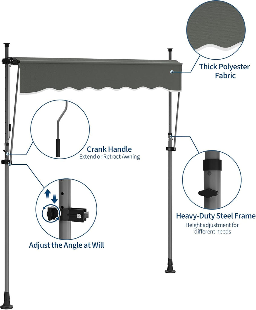 118'' Manual Retractable Awning , Angle & Height Adjustable Sunsetter Retractable Awning, Exterior Outdoor Sunshade