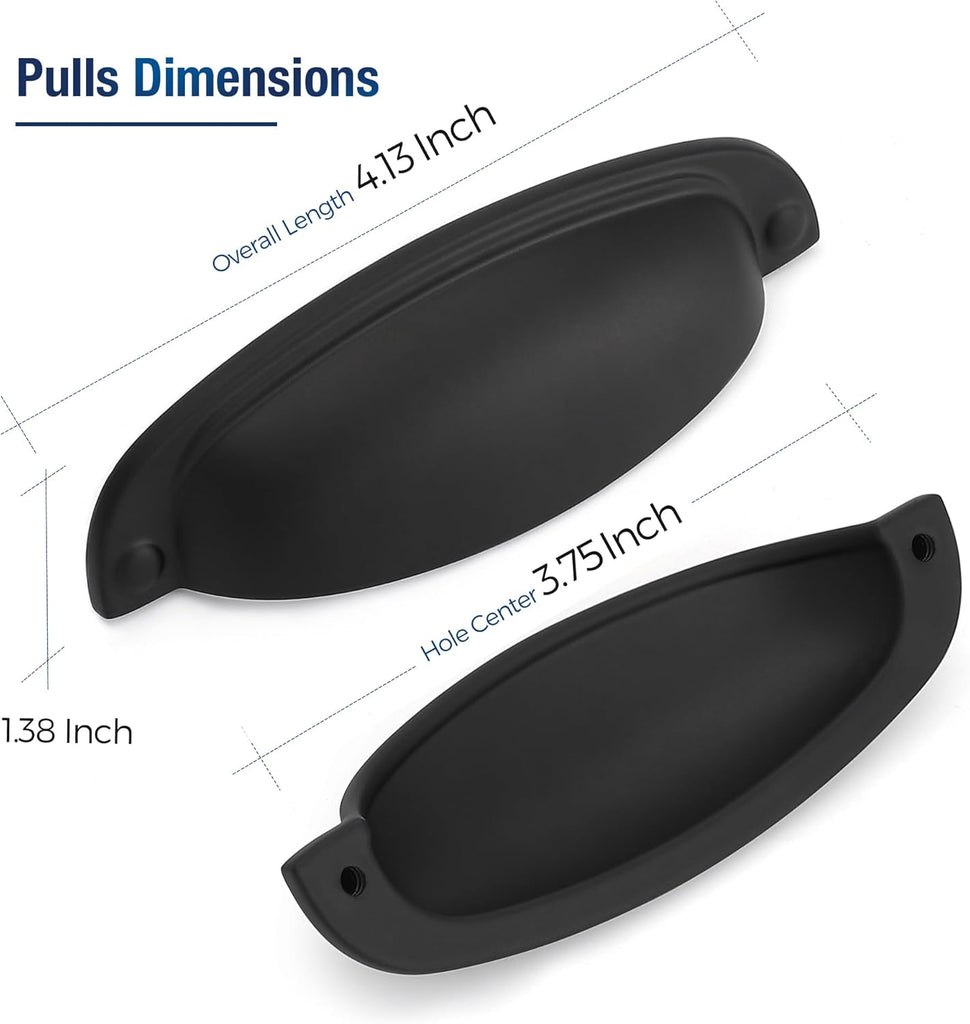 10 Pack Cup Pulls 3-3/4" (96mm) Hole Center - Matte Black Zinc Alloy Cabinet Handles for Drawers, Dressers, Kitchen &