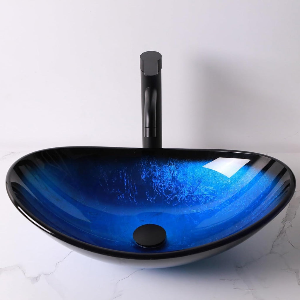 Glass Vessel Sink Bathroom Sink 21" Artistic Boat Shaped Black Blue Tempered Vessel Sink with Black Faucet Pop Up
