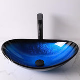 Glass Vessel Sink Bathroom Sink 21" Artistic Boat Shaped Black Blue Tempered Vessel Sink with Black Faucet Pop Up