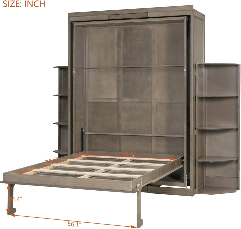 360° Swivel Queen Horizontal Murphy Bed with Desk Combo and Storage Bookshelf, Foldable Murphy Chest Hidden Wall Bed