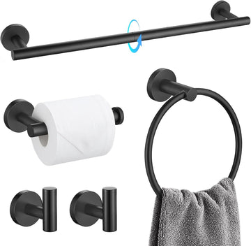 Matte Black Bathroom Hardware Set 5 Pieces, SUS304 Stainless Steel Towel Bar Set Round Bathroom Towel Rack Set Wall