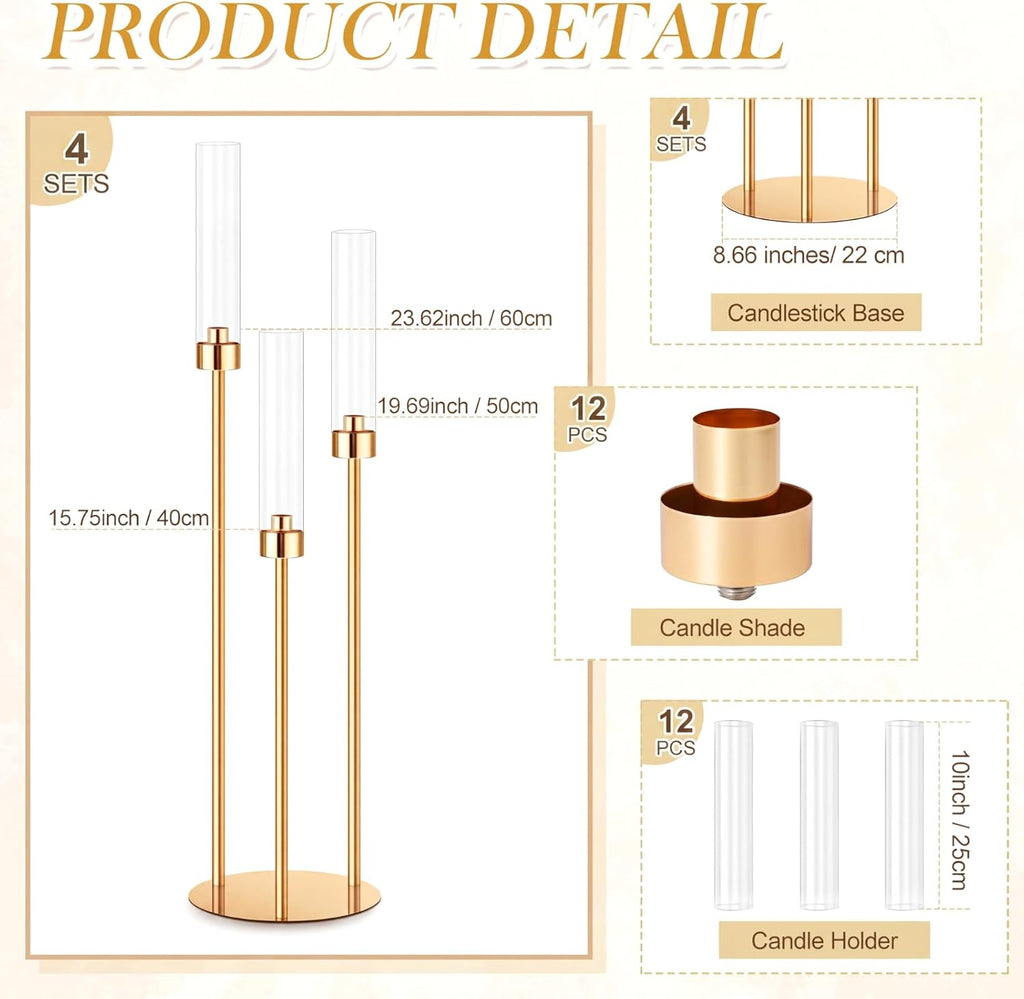 4 Set 3 Arm Candelabra Centerpiece 33.8 Inch Candle Holder Gold Candelabra Metal Floor Pillar Candlesticks for Tables