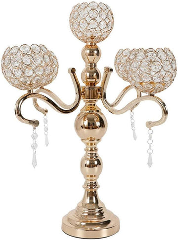 5-Arm Silver Crystal Candelabra Candle Holder Tall Floor Candle Holder with Clear Crystal Pendant Candelabras
