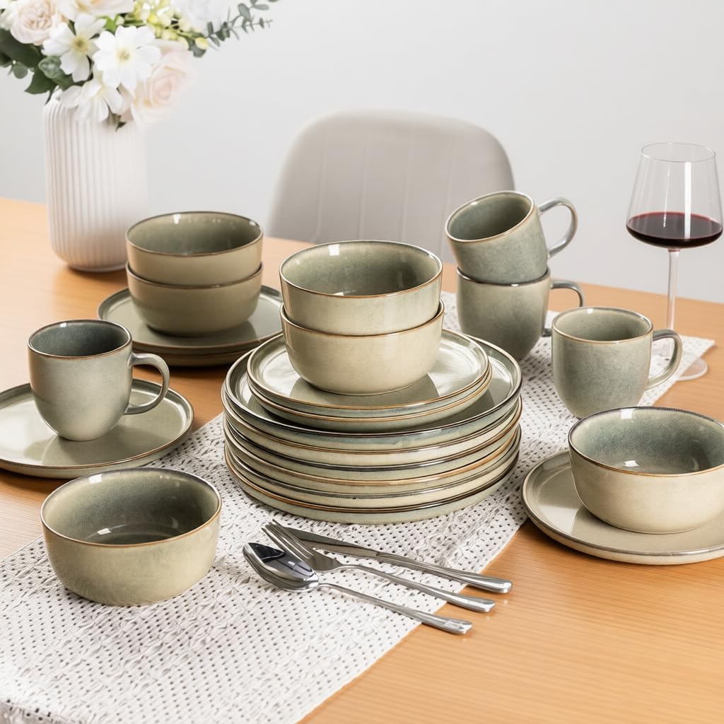 Stoneware Dinnerware Sets,Round Reactive Glaze Ceramic Plates and Bowls Sets,Highly Scratch Resistant | Dishwasher & Microwave Safe,Service for 8 Dishes Set (24pc)
