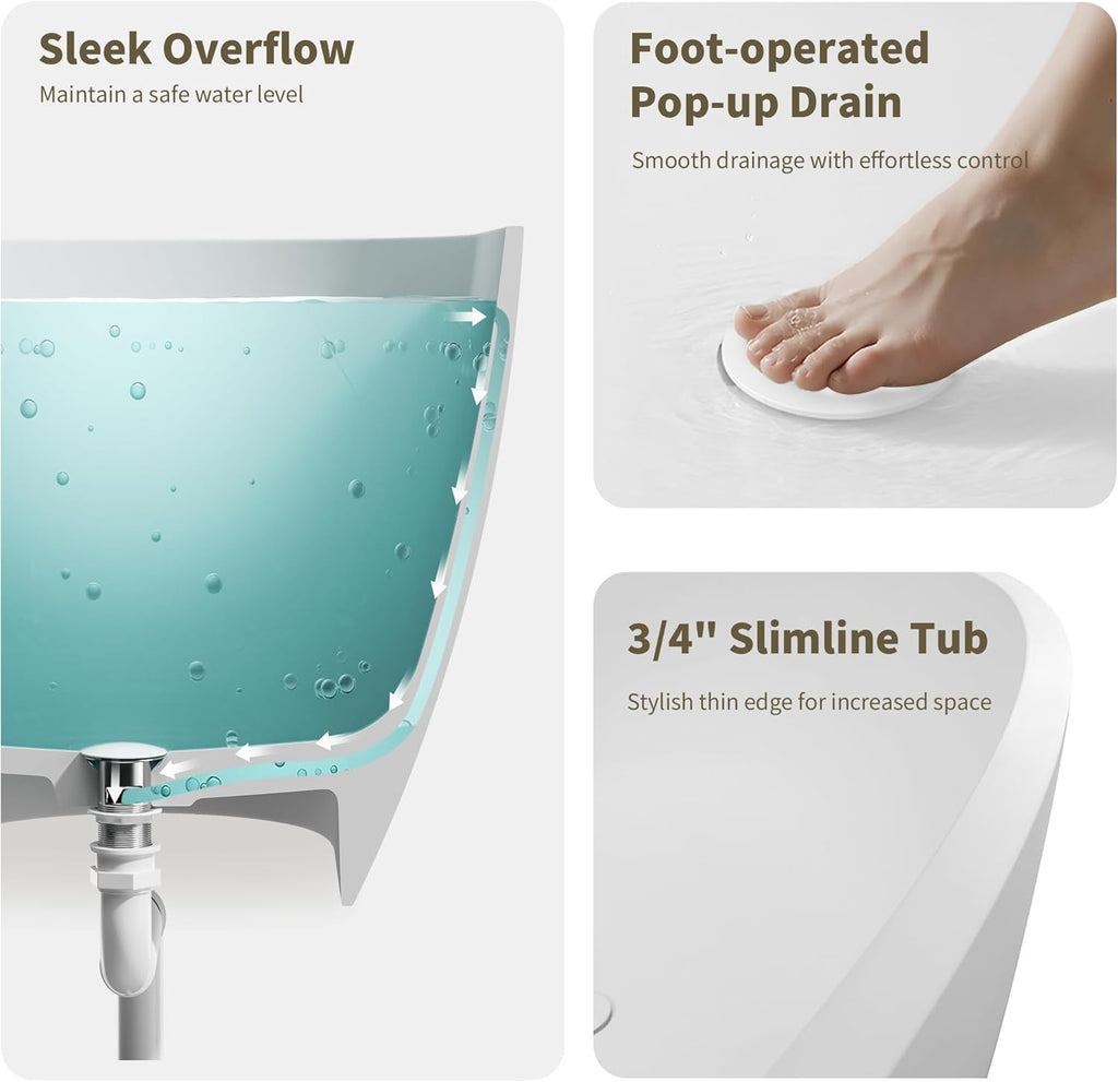 63" Matte White Freestanding Solid Surface Bathtub - Stone Resin Soaking Tub, cUPC Certified